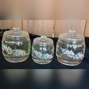 Vintage Kruger Glass Nursery 3 jars with lids hand painted flowers